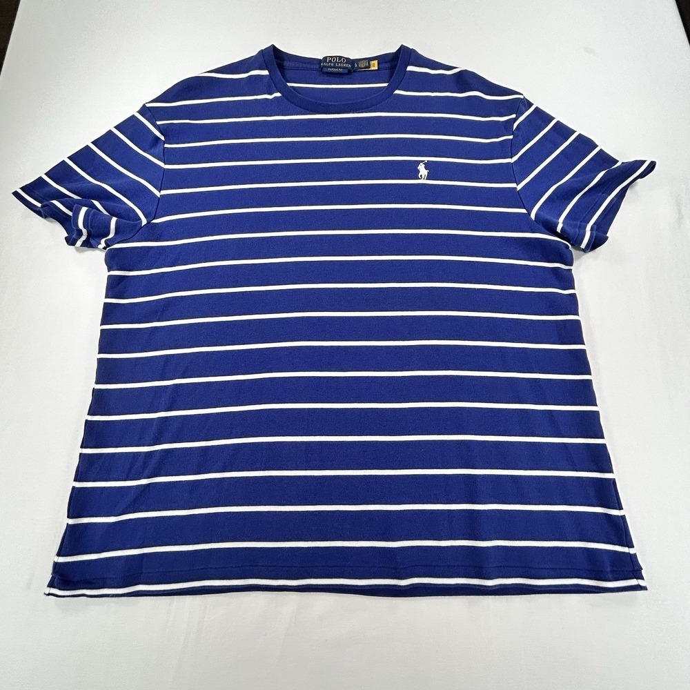 Polo Ralph Lauren T Shirt Mens L Blue Striped Classic Fit Crewneck Pony Logo